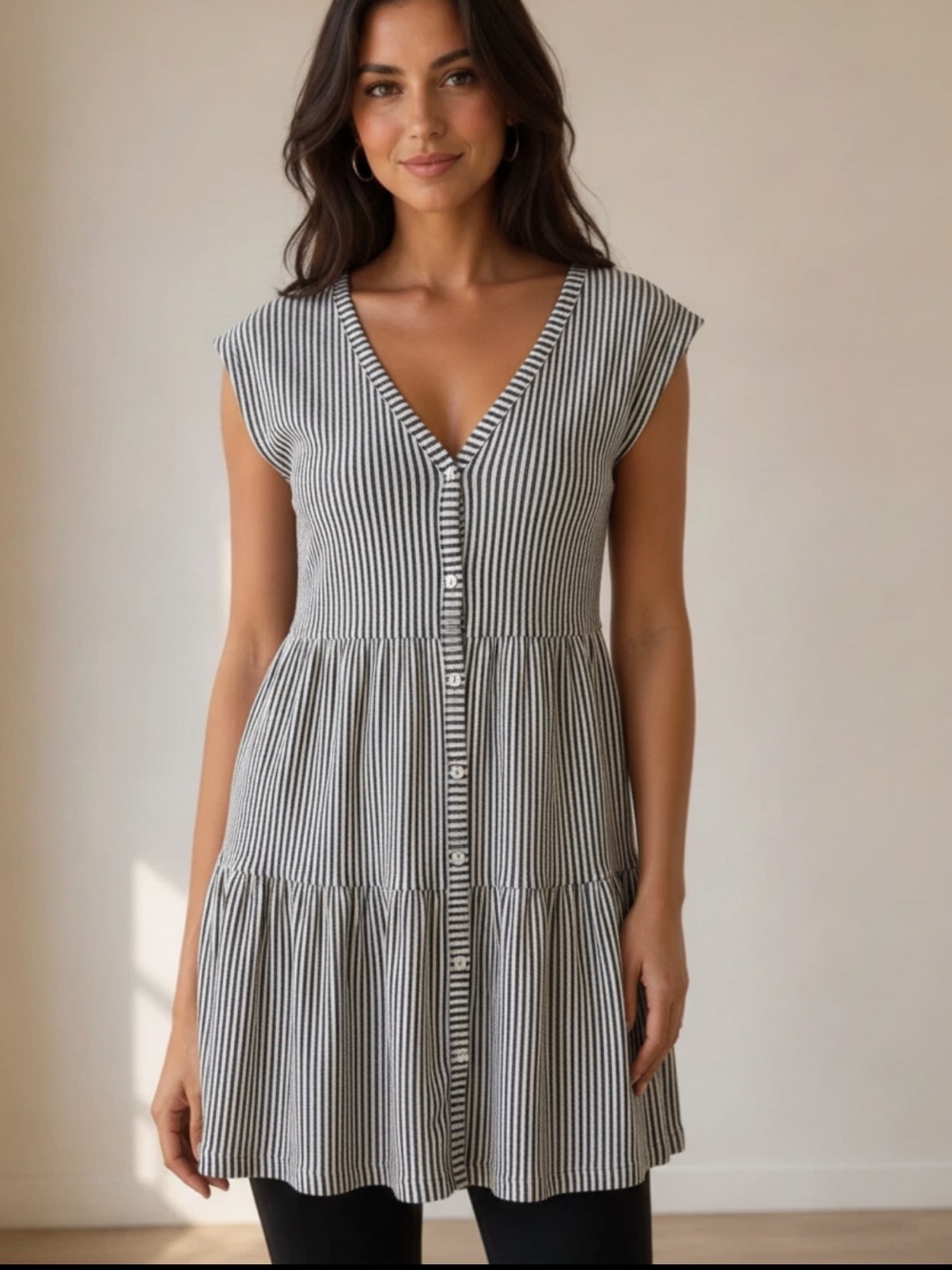Caution to The Wind Striped V-Neck Tiered Dress Tunic